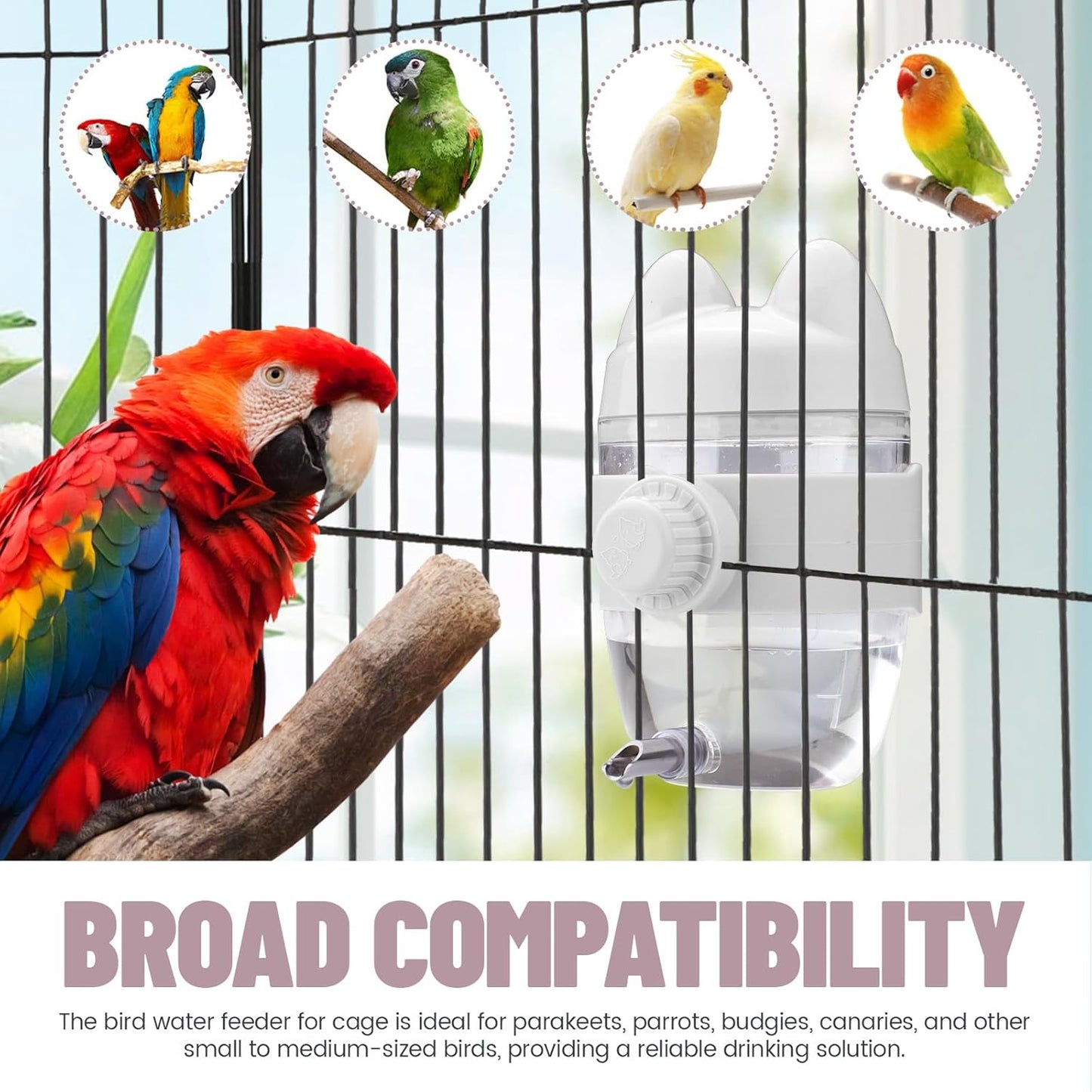 10.8Oz No Mess Bird Water Dispenser, Automatic Bird Water Feeder with No Drip Needle Nozzle, Parrot Parakeet Waterer Bottle for Cage Accessories (White, ONE)