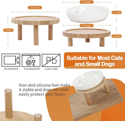 Raised Slow Feeder Cat Bowl, 5.9 Inch Wide Shallow Ceramic Elevated Glass Food Bowl Puzzle Feeders, Anti Vomit Cat Dish, Whisker Friendly Pet Plates Feeding Station for Cats(2 Slow Feeder)