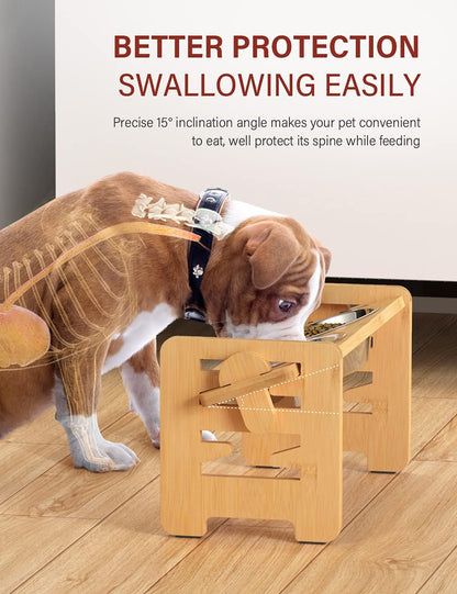 Vantic Elevated Dog Bowls, Adjustable Raised Dog Bowl Stand for Small Puppy and Cats, Sturdy Bamboo Pet Food Feeder with 2 Stainless Steel Dishes, Natural