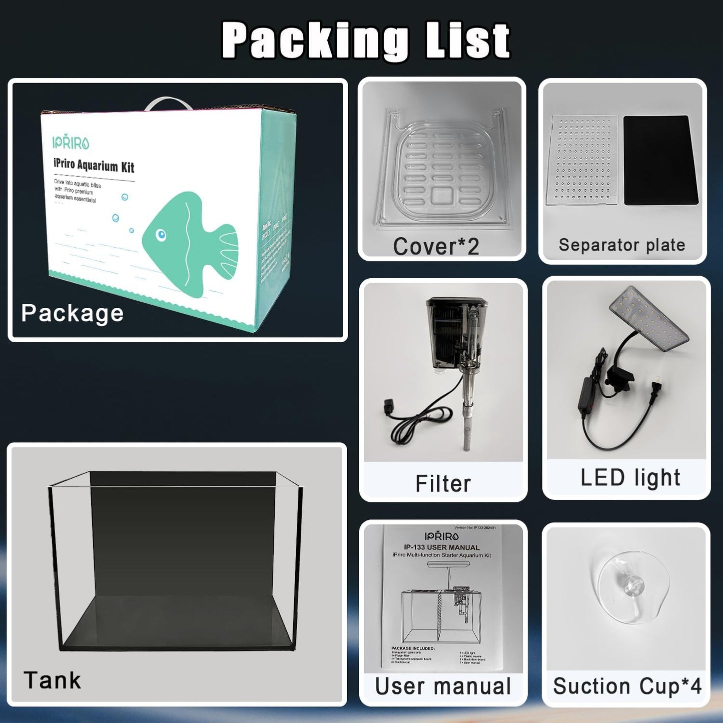 3 Gallon 12.6” L Fish Nano Glass Aquarium, with Separator Plate for Betta, Multi-Functional Square Fish Tank with Filter, LED Light, Black 4mm Glass