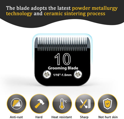 10# Dog Grooming Clipper Replacement Blades, Detachable Blade Compatible with Andis/wahl/Oster Pet Clippers,10 Blade 1/16-inch, Made of Ceramic & Stainless Steel Blade, Black
