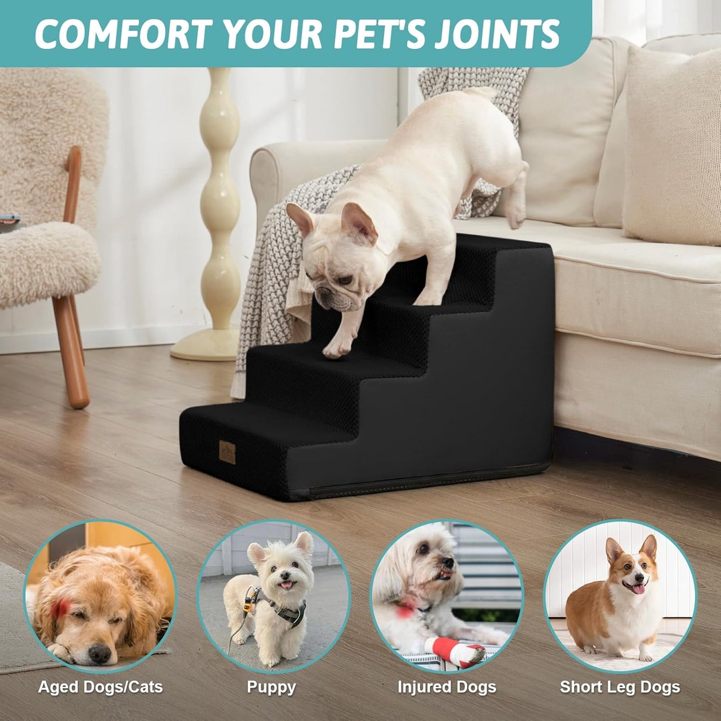 Dog Stairs for Small Dogs, 4 Tier Pet Stairs for Couch and Beds, 17.7" H Non-Slip Dog Steps for Old Cats, Puppy, Small Medium Dogs, 15.7x23.6x17.7 inch, Black