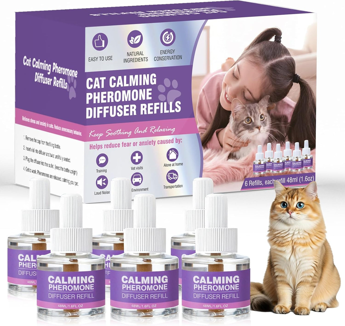 Cat Calming Diffuser Refill 6 Packs, Pheromones Calming Diffuser Refills for Stress and Anxiety Relief, Kitten Relaxants Behavior Control Anti Aggression for Cats