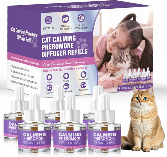 Cat Calming Diffuser Refill 6 Packs, Pheromones Calming Diffuser Refills for Stress and Anxiety Relief, Kitten Relaxants Behavior Control Anti Aggression for Cats