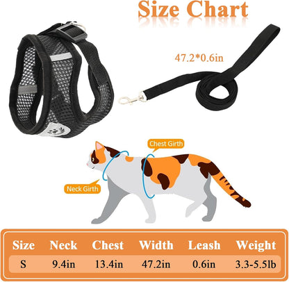 Cat Harness and Leash for Walking, Soft Mesh Cat Harness and Leash Escape Proof, Kitten Harness and Leash Set for Outdoor Travel Black (S)