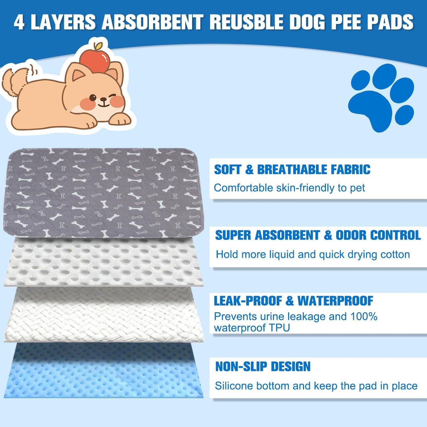 Puppy Pee Pads for Dogs, Washable Pet Pads for Dogs & Cats, Reusable Pet Pads with Pheromones, Durable Leak-Proof & Anti-Slip Pet Training Pads for Home & Travel (Large 32 * 35 in)