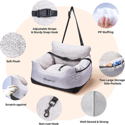 BurgeonNest Dog Car Seat for Small Dogs, Detachable and Washable Cat Carseats Under 25 lbs, Soft Pet Booster Seats with Storage Pockets and Clip-On Leash Portable Car Travel Carrier Bed, Black Grey