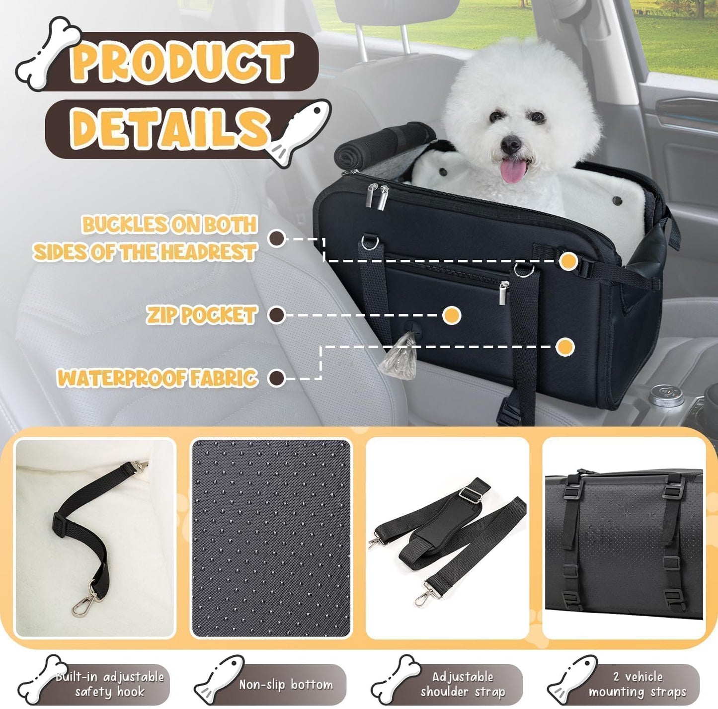 YUDODO 18lbs Dog Car Seat (Width >9in) for Small Dog Large Center Console with Removable Velvet Cushion Luxury Puppy Cat Travel Portable Booster Seat Anti-Slip Pet Car Bed Carseat PU Leather Black