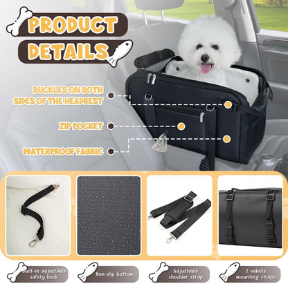 YUDODO 18lbs Dog Car Seat (Width >9in) for Small Dog Large Center Console with Removable Velvet Cushion Luxury Puppy Cat Travel Portable Booster Seat Anti-Slip Pet Car Bed Carseat PU Leather Black