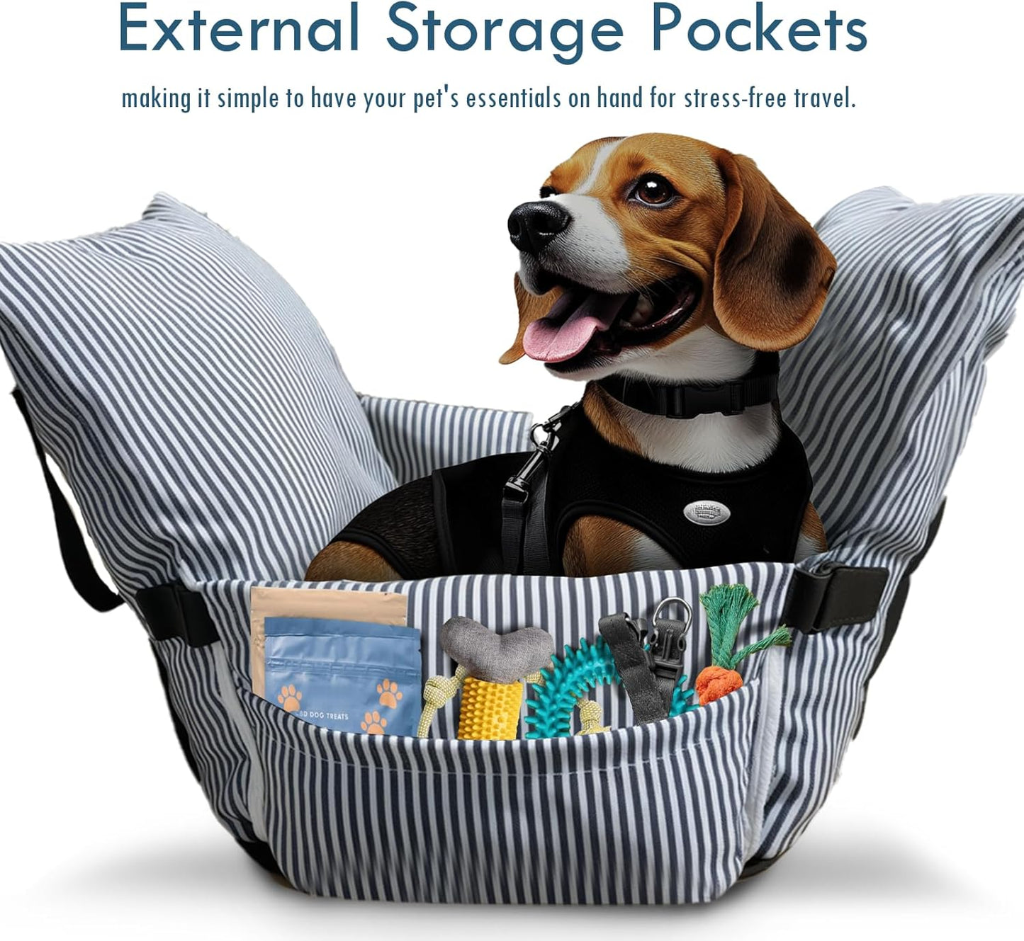 Dog Car Seat for Small/Medium Dogs Under 40 lbs - Elevated Pet Seat with Safety Belt, Non-Slip Base, and Storage Pockets for Car Travel (Navy, 30 x 20.5 inch)