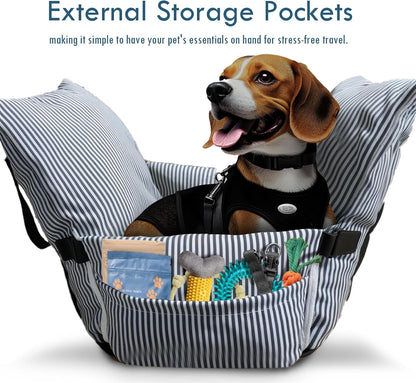 Dog Car Seat for Small/Medium Dogs Under 40 lbs - Elevated Pet Seat with Safety Belt, Non-Slip Base, and Storage Pockets for Car Travel (Navy, 30 x 20.5 inch)