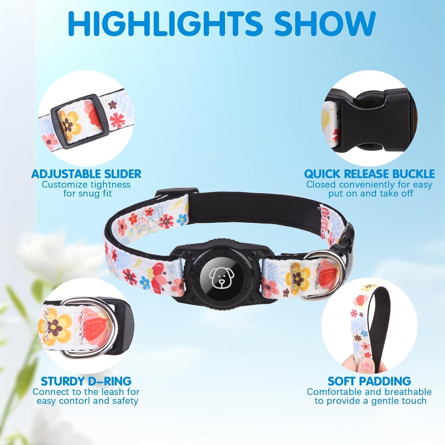 BINGPET AirTag Dog Collar,IP68 Waterproof Airtag Holder,Ultra-Durable Cute Flower Dog Collar with Padded for Tracker,Adjustable Heavy Duty Dog Collar for Small Medium Large Dogs(M(15"-19"),White)