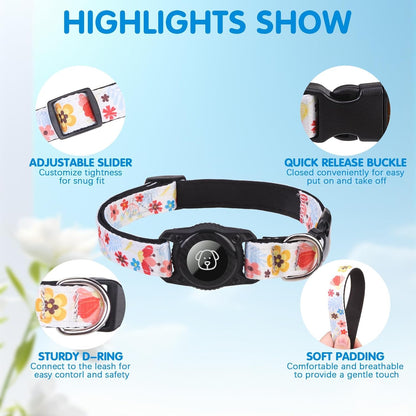 BINGPET AirTag Dog Collar,IP68 Waterproof Airtag Holder,Ultra-Durable Cute Flower Dog Collar with Padded for Tracker,Adjustable Heavy Duty Dog Collar for Small Medium Large Dogs(M(15"-19"),White)