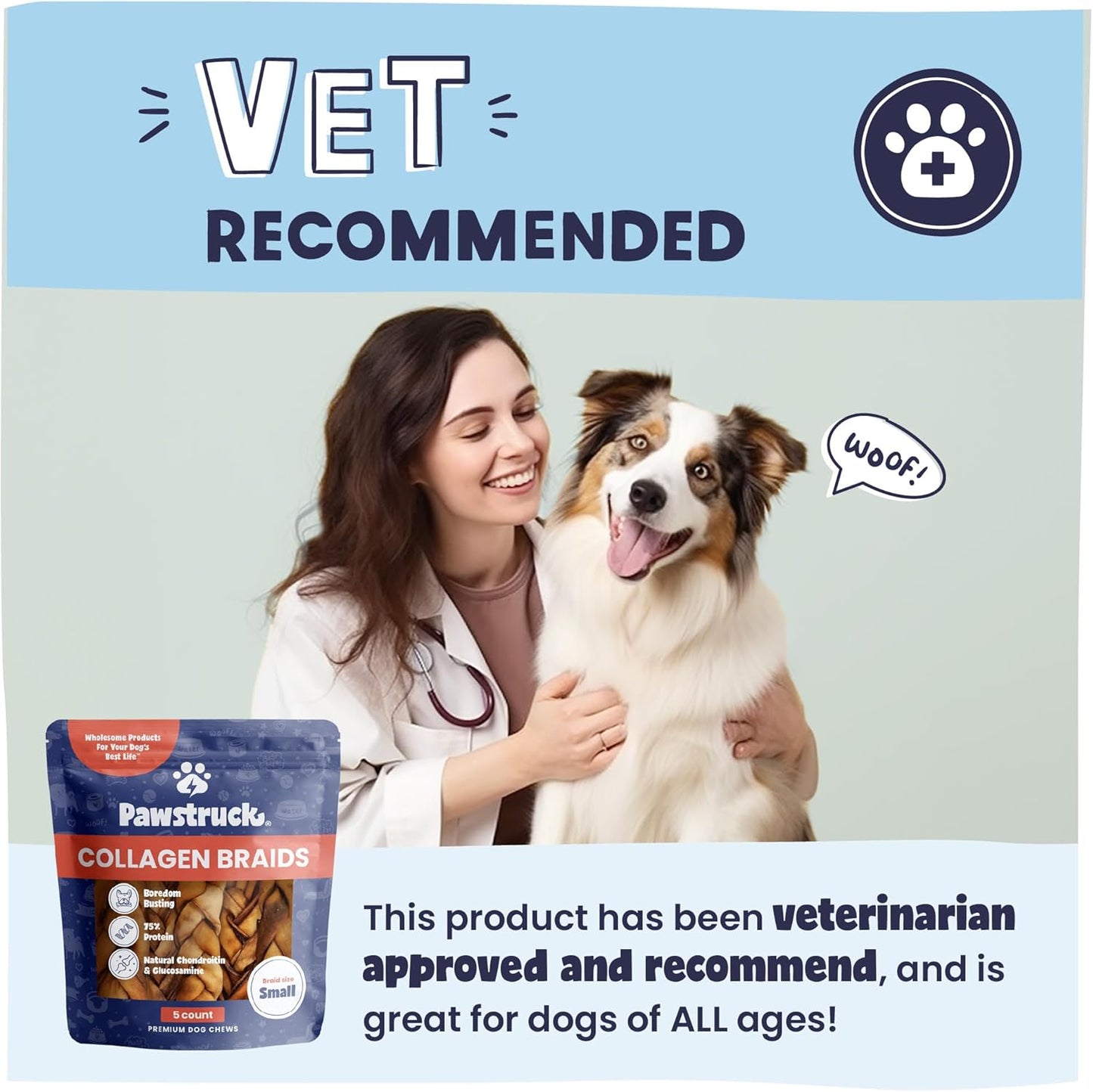 Pawstruck Natural 5-7” Beef Collagen Braids for Dogs – Long-Lasting Rawhide & Bully Stick Alternative, with Chondroitin & Glucosamine – 5 Pack