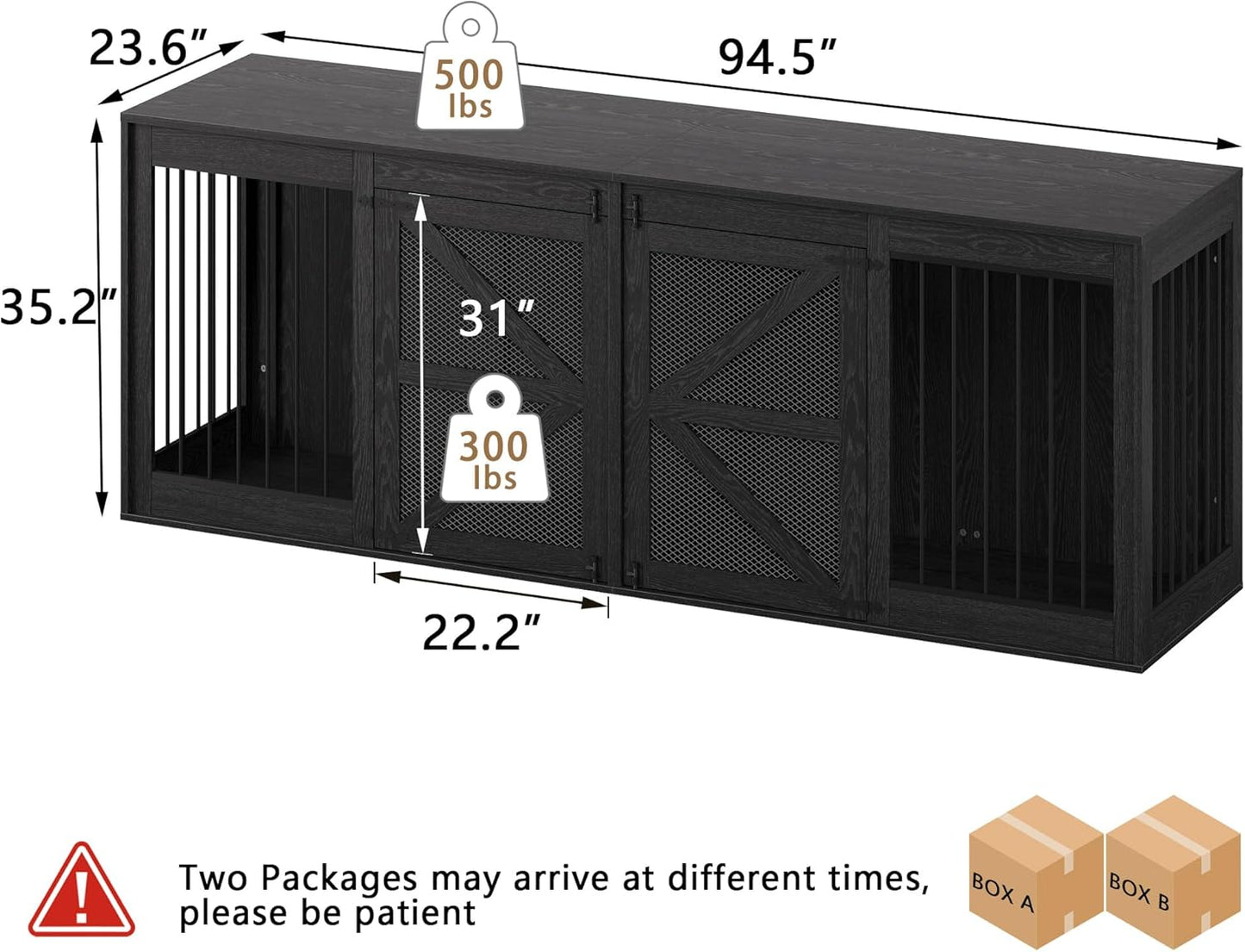 94.5'' Double Dog Crate Furniture, Farmhouse Dog Kennel TV Stand for 2 Large Dogs, Wooden Dog Cage Extra Large Breed with Divider & Solid Metal Tube, Black