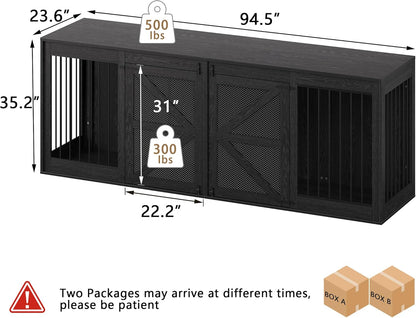 94.5'' Double Dog Crate Furniture, Farmhouse Dog Kennel TV Stand for 2 Large Dogs, Wooden Dog Cage Extra Large Breed with Divider & Solid Metal Tube, Black