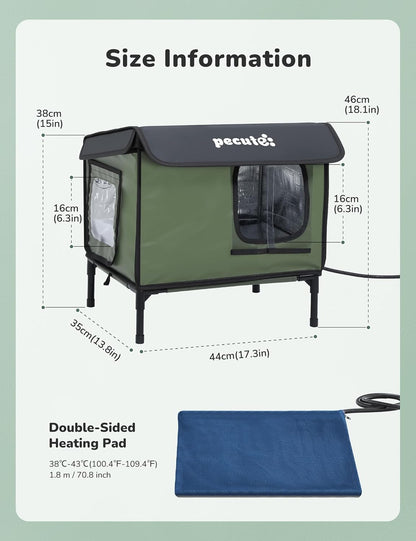 Pecute Heated Outdoor Cat House with Heating Pad - Weatherproof Insulated Winter Shelter for Outside Feral Cats, Cathouse with 2 Exits, Reinforced Metal Frame, Expanded Canopy for Porch Garage Barn