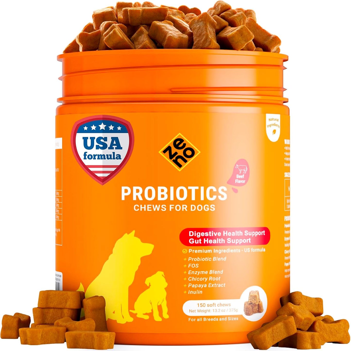 ZENO Probiotics for Dogs Chews - 150 pcs - Digestive & Gut Health Support - Probiotic Chews for Dogs with Enzymes & Natural Ingredients - Vet-Approved US Formula - Beef Flavored