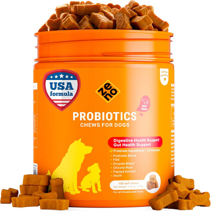 ZENO Probiotics for Dogs Chews - 150 pcs - Digestive & Gut Health Support - Probiotic Chews for Dogs with Enzymes & Natural Ingredients - Vet-Approved US Formula - Beef Flavored