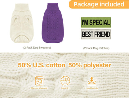 2 Pack Dog Sweaters for Small Dogs - Puppy Medium Warm Clothes in Winter, Turtleneck Pullover Design for Boy Girl Pet, Doggie, Cat, Kitten Chihuahua Bulldog Pug Beagles (S, Purple, Beige)