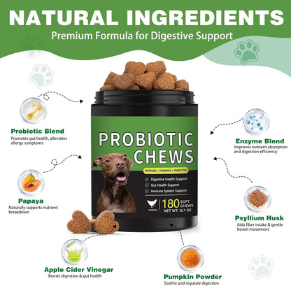 Probiotics for Dogs - 180 Dog Probiotics Chews with 5 Enzymes & 4 Prebiotics for Digestive and Gut Health - Diarrhea & Bowel Support, Yeast Balance, Immunity, Allergies & Itchy Skin (Chicken)