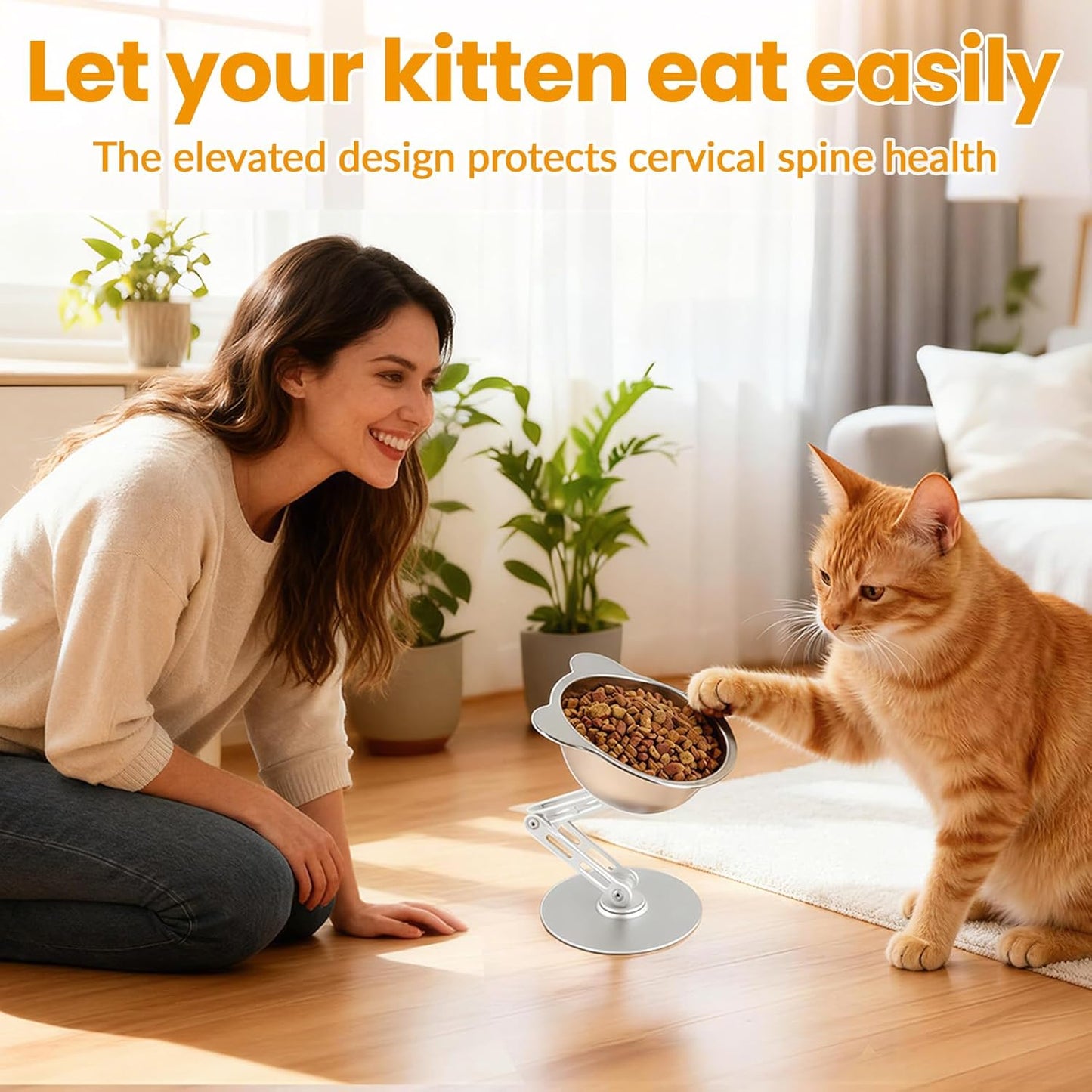 BEAVE NIUNIU Alloy Elevated Cat Bowl - Height & Angle Adjustable Raised Food Water Bowl Stand, 330ml Stainless Steel Dish, 7.9in Max Height Stable Pet Feeder for All Cat Sizes