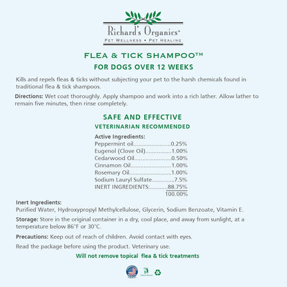 Richard’s Organics Flea and Tick Shampoo for Dogs – 100% All-Natural Actives Kills Fleas, Ticks and Repels Mosquitos – Gentle, Won’t Dry Skin, Great Smelling Essential Oils (12oz bottle),FG00440