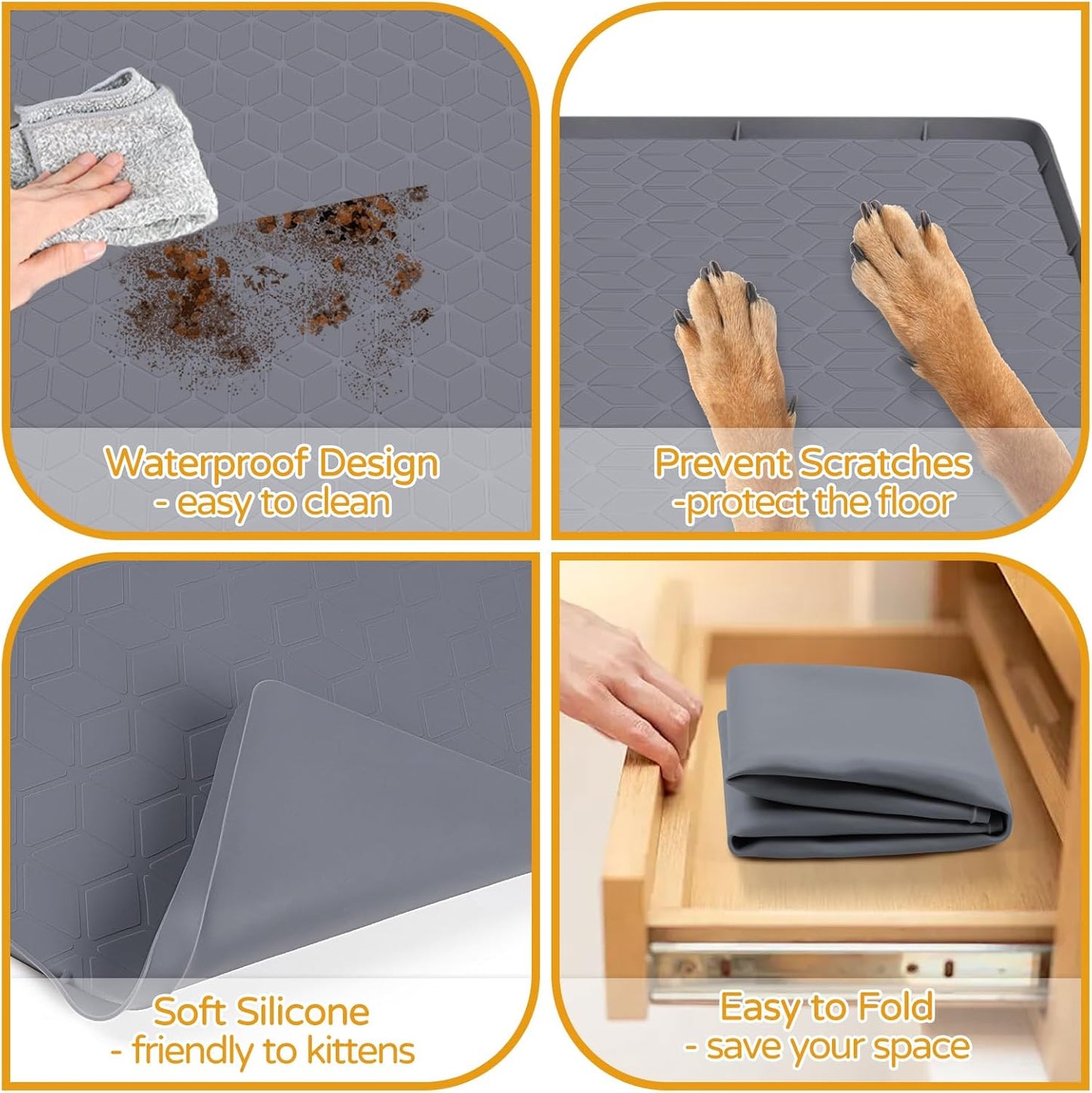 Lanstics Dog Food Mat, 34" x 22" Large Silicone Mat Dog Feeding Mat with Raised Edge Non-Slip Pet Feeding Mat for Food and Water Bowl, Easy to Clean, Floor Protection (Gray)