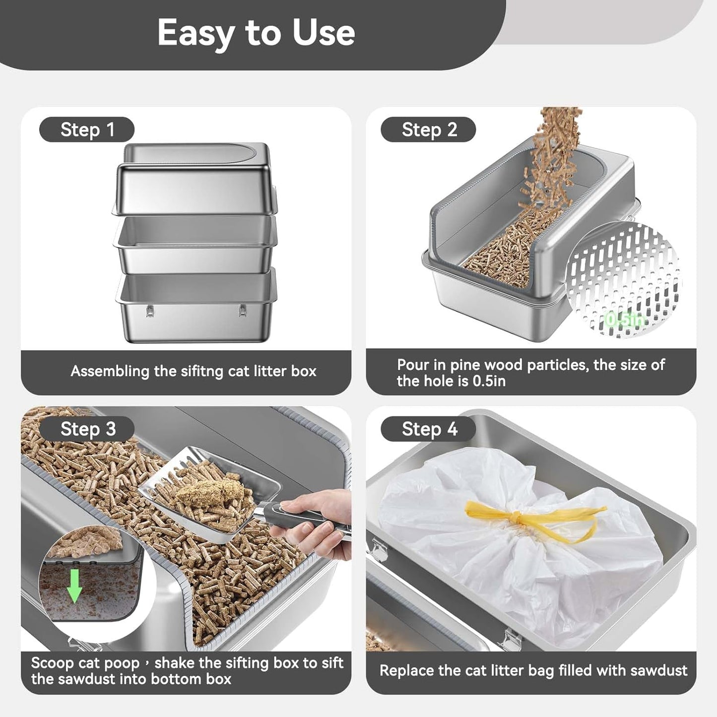 All Stainless Steel Sifting Litter Box for Pine Pellets,Sifting Cat Litter Box with Lid,High Sides Metal Sifter Litter Pan System for Big Cats,Odor Control,Easy to Clean
