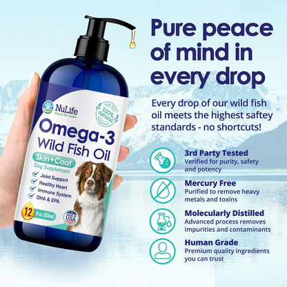 Liquid Fish Oil for Dogs with Omega 3, 6 & 9 Fatty Acids, Wild Caught from Iceland, Skin and Coat Supplement for Shedding, Itchy Skin, Allergies, Brain and Heart Health, Rich in EPA + DHA - 12 oz