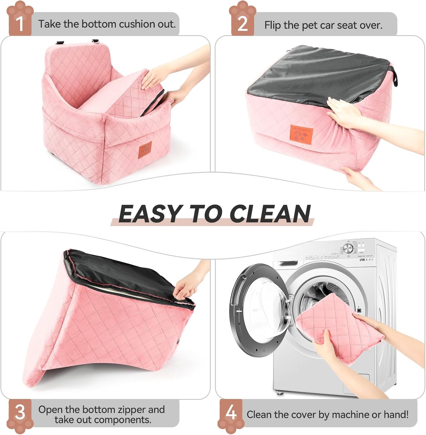 Dog Car Seat for Small/Medium Dogs, Dog Booster Car Seats with Thick Cushion for Dogs Under 35lbs, Detachable Washable Pet Bed with Storage Pockets, 2 Safety Belts (Pink)