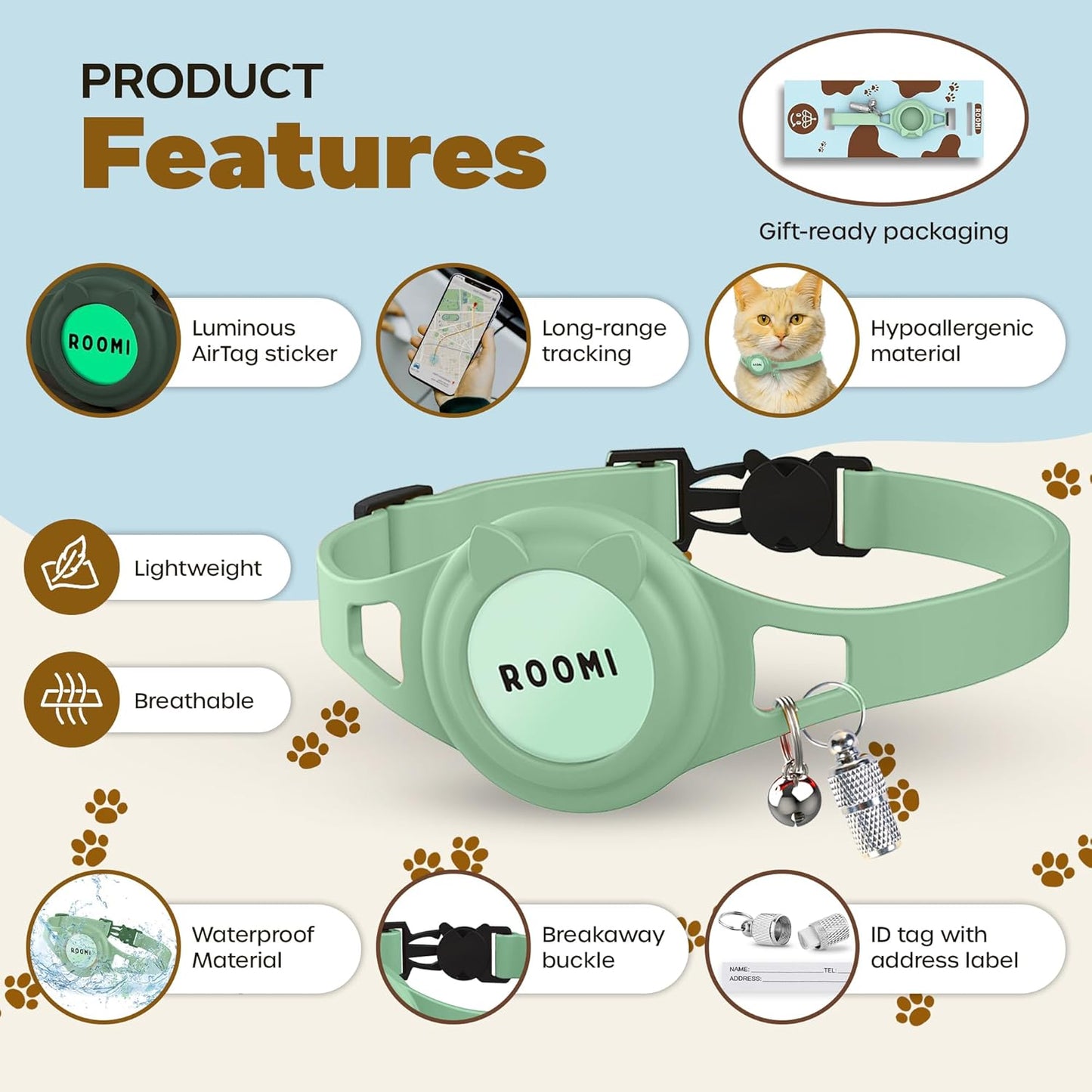 Hypoallergenic cat Collar with Breakaway Clasp, Bell & ID Tag. Compatible with Apple Airtag. Waterproof & Lightweight cat Collar with airtag Holder. Durable & Tear Resistant.