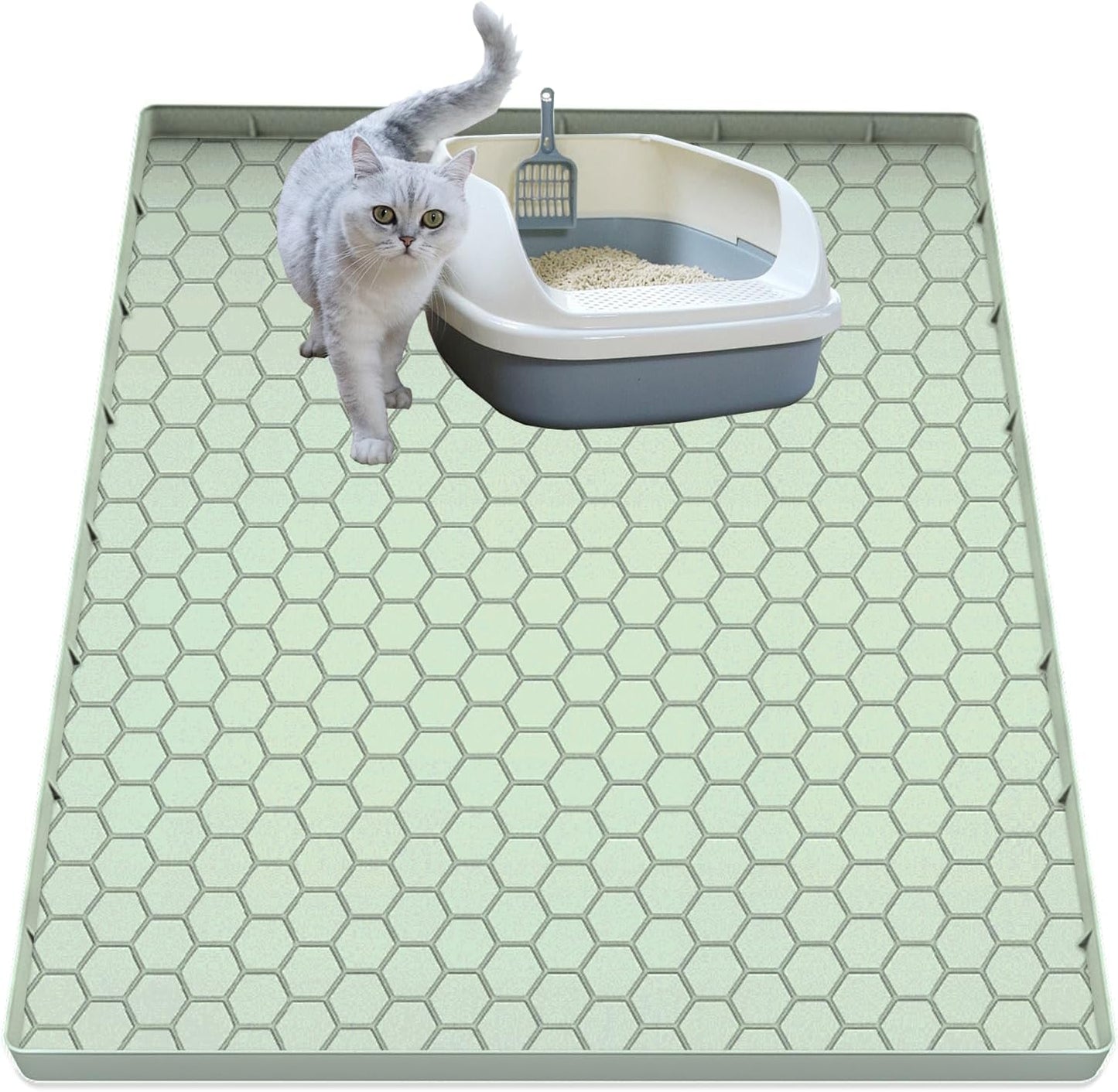 Cat Litter Mat for Litter Box, Silicone Large Cat Litter Trapping Mat - 28x19 in, Waterproof & Non-Slip, Durable & Easy Clean, Green