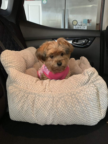 Series Deluxe Bucket Pets Dog Bed + Car Seat Carrier Booster Travel Safety with Two Removable Mats and Storage Pockets for Small Pets (Khaki)