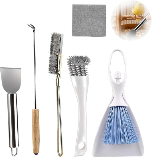 6 PCE Set Bird Cage Cleaner with Cleaning Towel, Stainless Steel Poop Remover & Cage Cleaning Brush Tools, Complete Bird Cage Accessories for Parakeet & Small Animal Cage Cleaning
