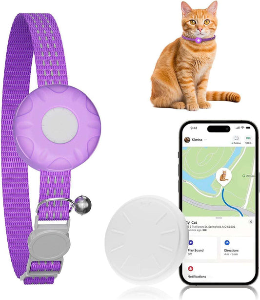 GPS Tracker for Cats, Cat GPS Tracker, Compatible with Apple Find My App (Only iOS), No Monthly Fee, Waterproof (White Tracker, Purple Cat Collar)