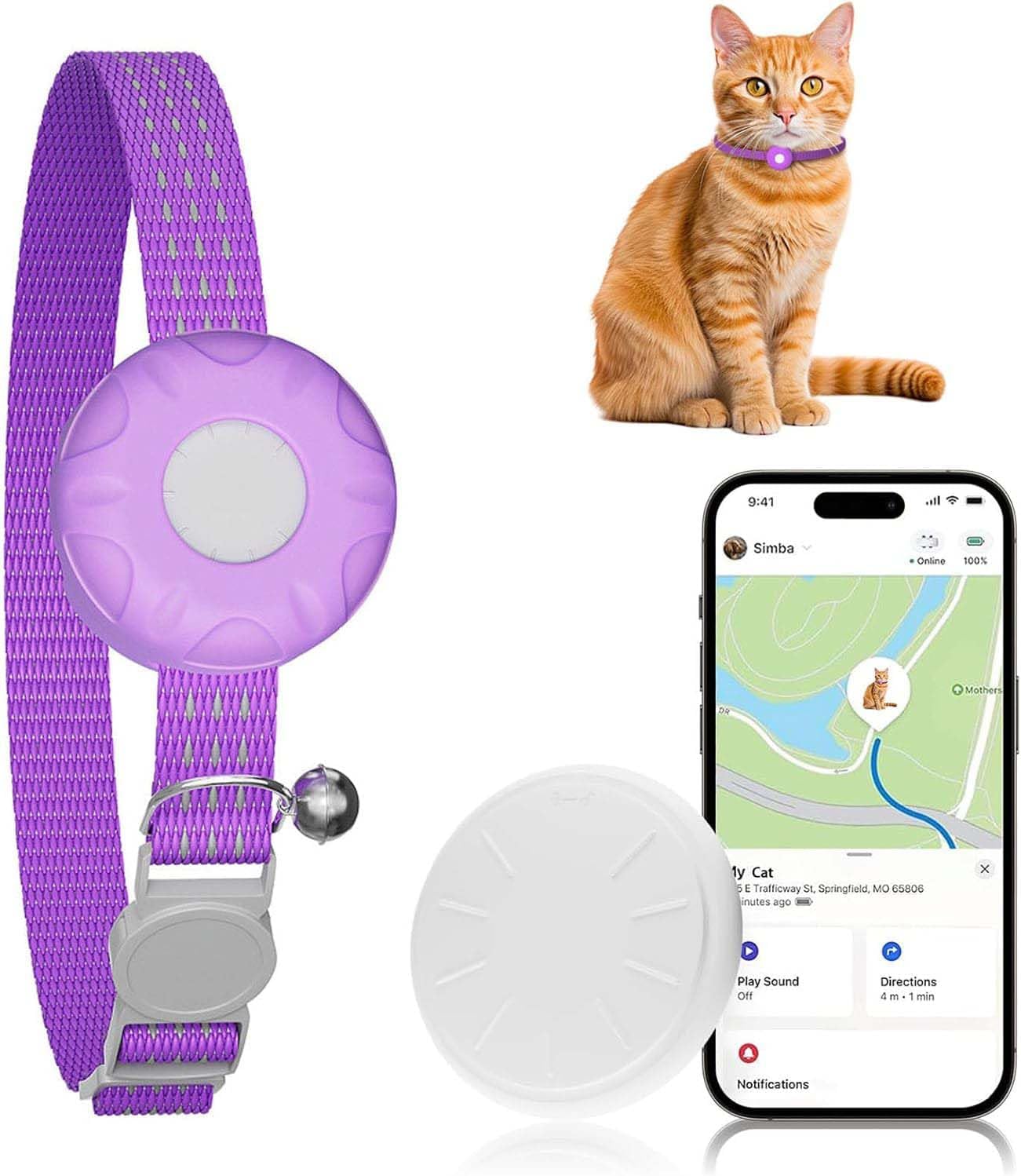GPS Tracker for Cats, Cat GPS Tracker, Compatible with Apple Find My App (Only iOS), No Monthly Fee, Waterproof (White Tracker, Purple Cat Collar)