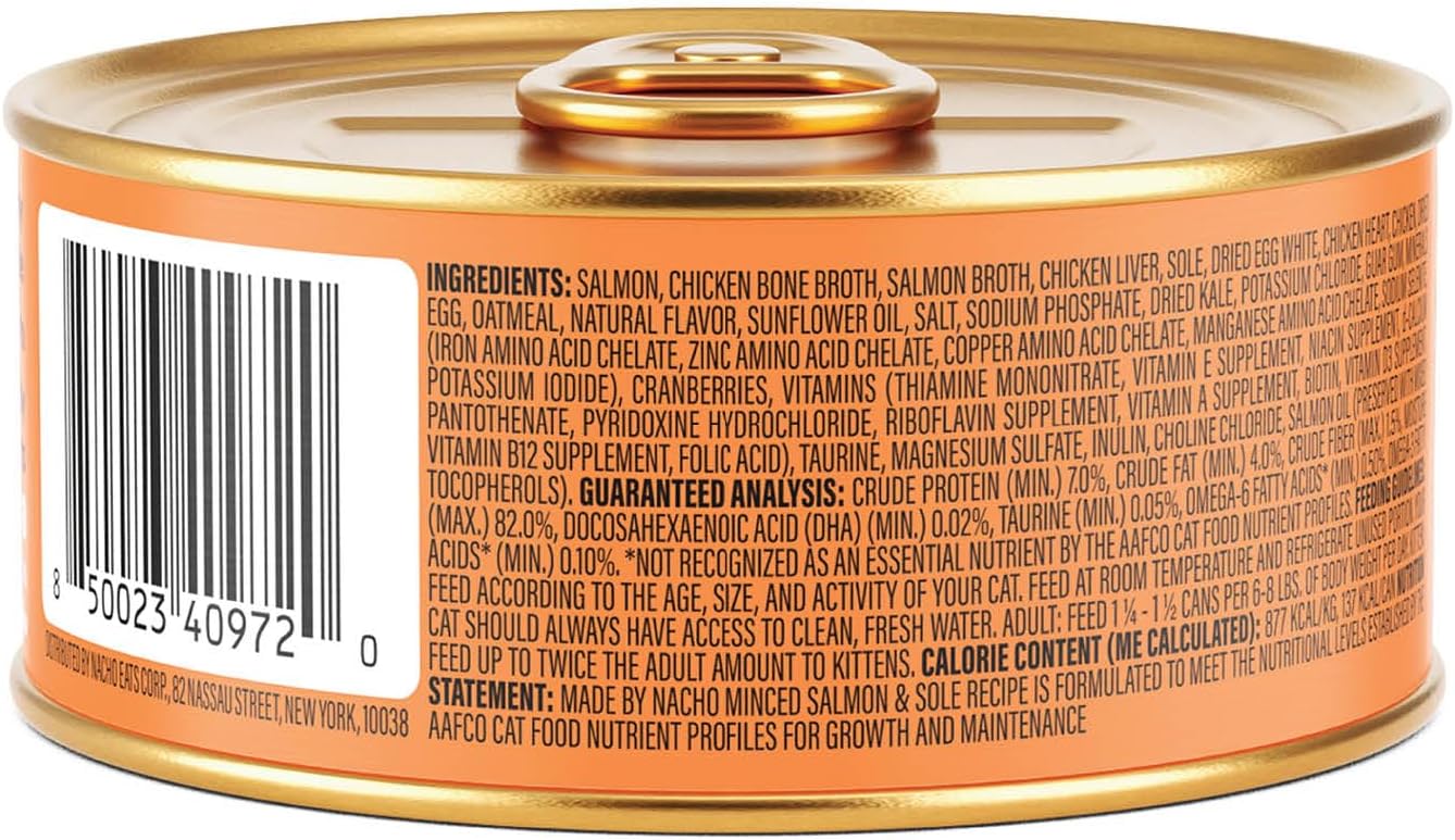 Made by Nacho Sustainably Caught Salmon & Sole Recipe with Bone Broth Minced Wet Cat Food, 5.5-oz can, Case of 24