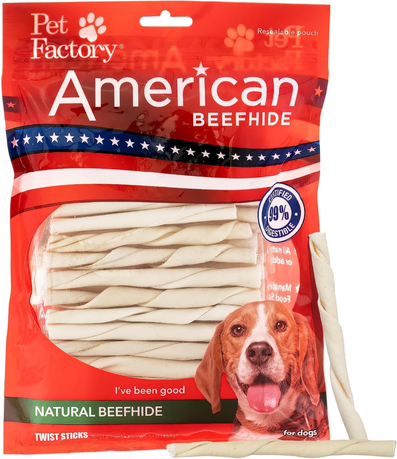 Pet Factory American Beefhide 5" Twist Sticks Dog Chew Treats - Natural Flavor, 1 lb