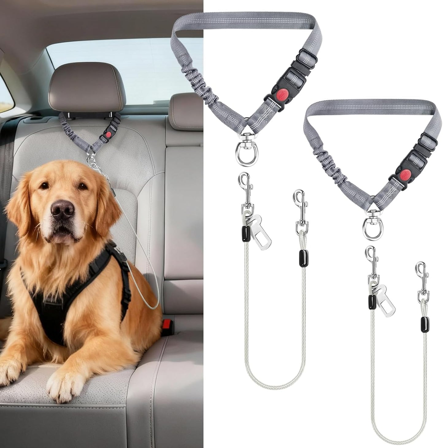 Idepet Dog Seat Belt for Car, 2 Pcs Stainless Steel Chew Proof Dog Seatbelt, 3 in 1 Dog Harness for Car Safety Seat Belt, Heavy Duty Pet Car Seat Belt for Medium & Large Dogs (Grey+Grey)