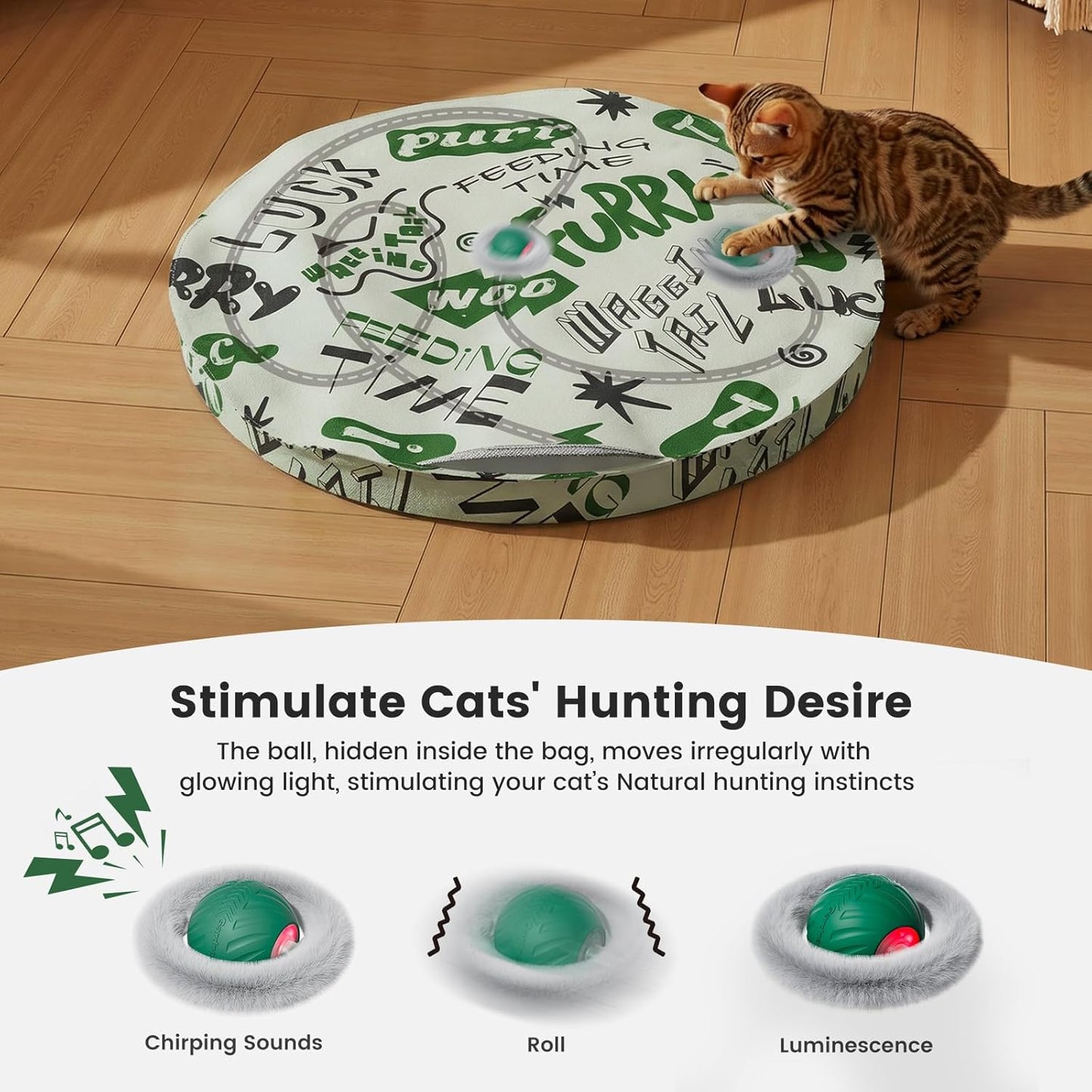 Gardner Pet Interactive Cat Toys Ball,Self Moving Ball in Play Mat,Tap Activation Moving Toy Hide and Seek Exercise Kicker Mouse Catching Game for Indoor cat,Real Bird Calls,28 Inch Mat(Without holes)