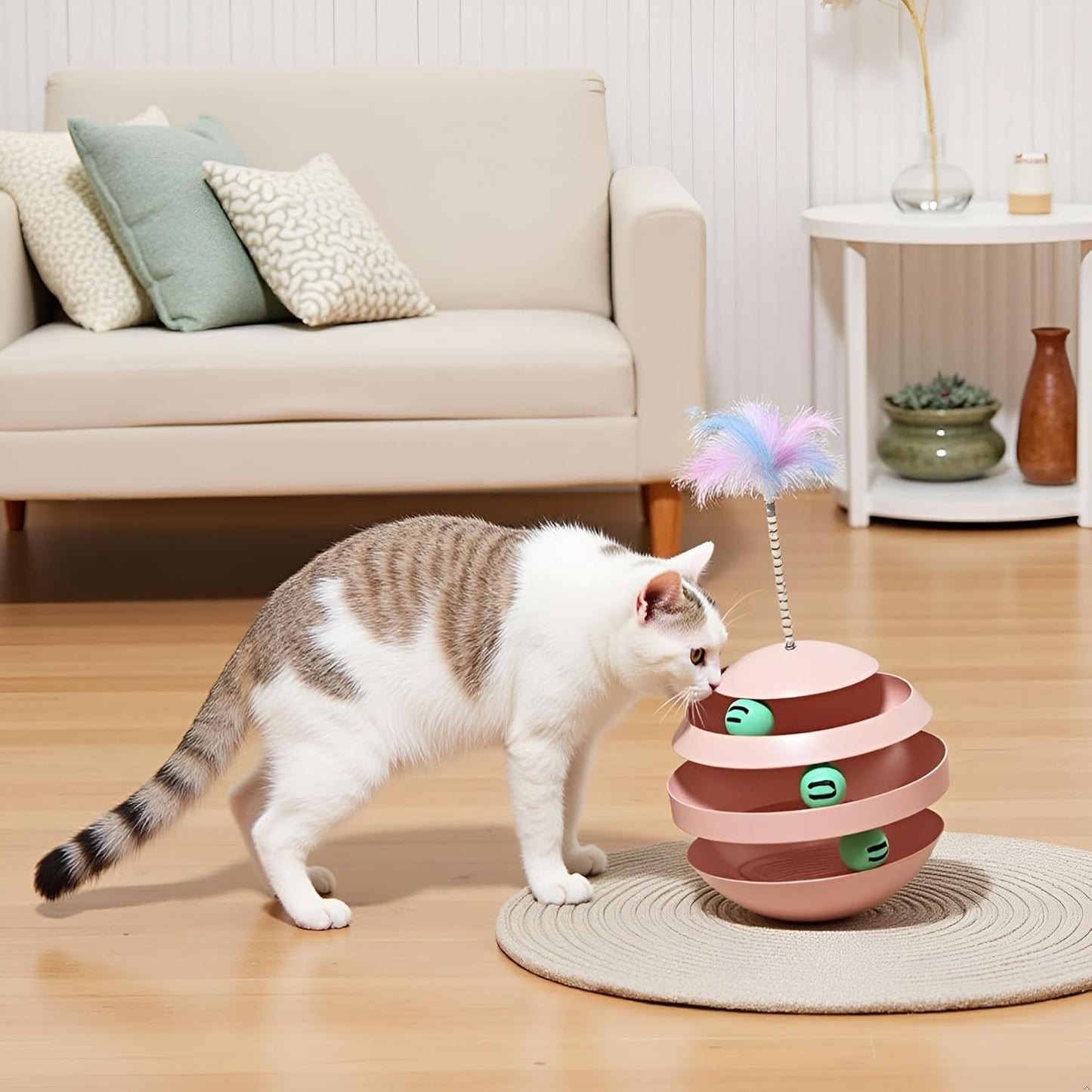 Interactive Cat Toy, Wobble Rotating Fun Tumbler Tunnels with Feather Sticks for Indoor Cats to Play Alone, Exercise & Reduce Anxiety (Pink)