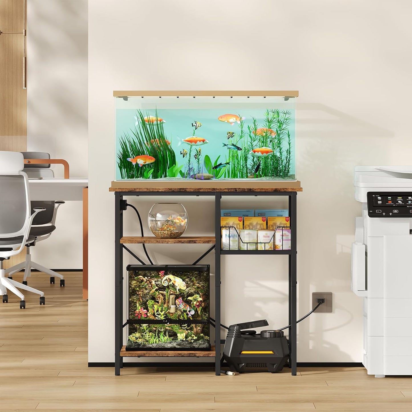 Fish Tank Stand with Power Outlet, Aquarium Stand with Wire Storage Basket, 10-15 Gallon Reptile Tank Stand with Shelves, Aquarium Table, for Home, Office, Rustic Brown and Black TCW78UBF