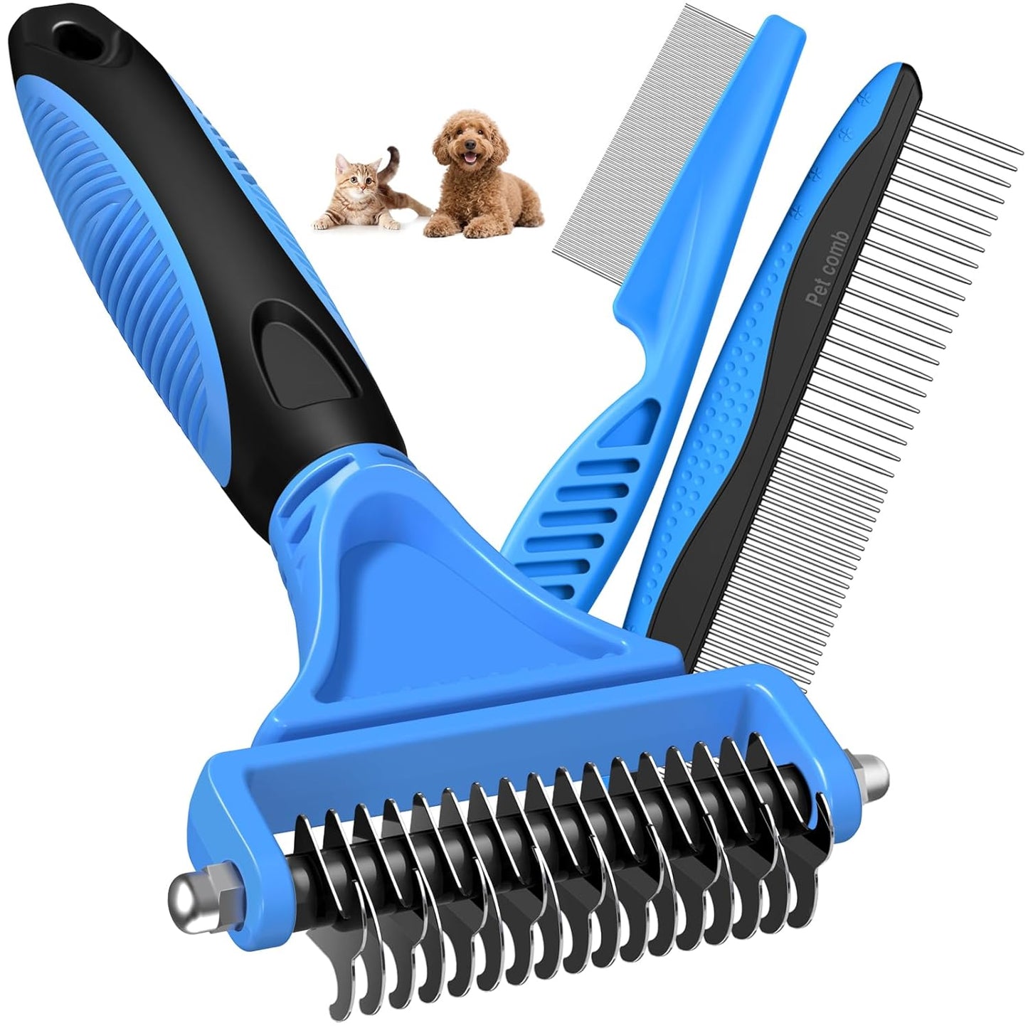 3PCS Pet Grooming Rake & Metal Comb & Flea Comb for Cats and Dogs, Double-Sided Dematting Tool, Extra-Wide Deshedding Dog Brush for Long Hair to Effectively Remove Tangles, Knots and Mats (Blue)