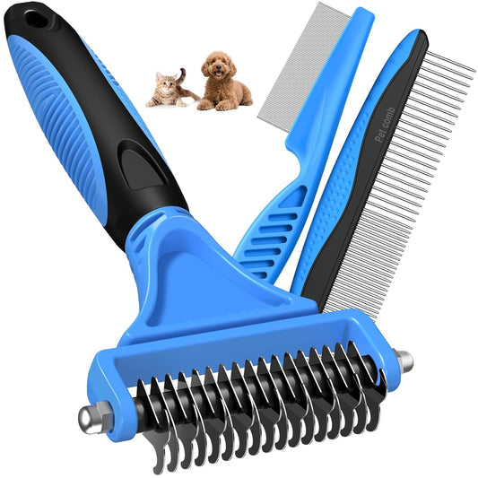 3PCS Pet Grooming Rake & Metal Comb & Flea Comb for Cats and Dogs, Double-Sided Dematting Tool, Extra-Wide Deshedding Dog Brush for Long Hair to Effectively Remove Tangles, Knots and Mats (Blue)