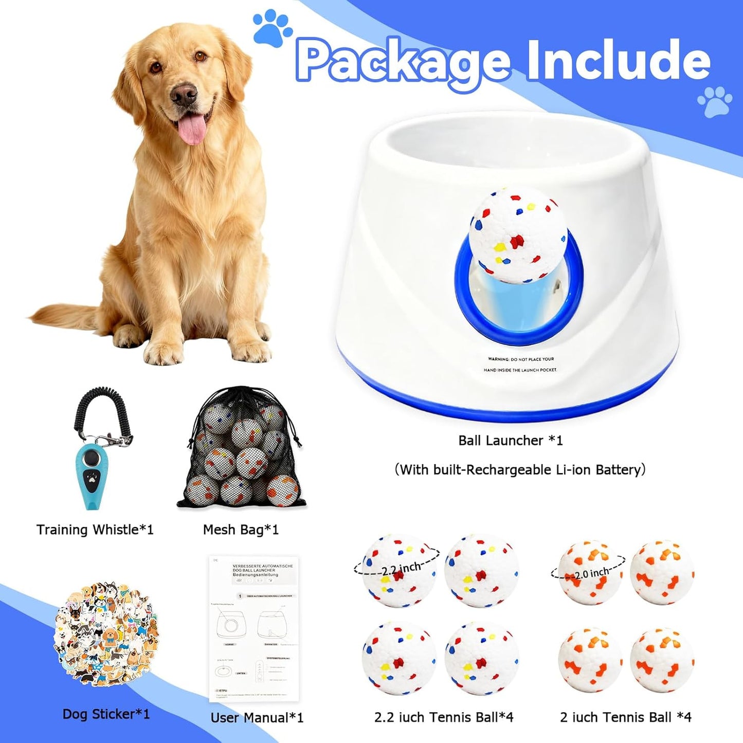 Automatic Ball Launcher for Dogs with 8 Balls - Adjustable Distance up to 50ft,Charger, Whistle & Storage Bag - Interactive Fetch Machine Toy for Indoor Outdoor Play, for Medium Large Breed Dogs.