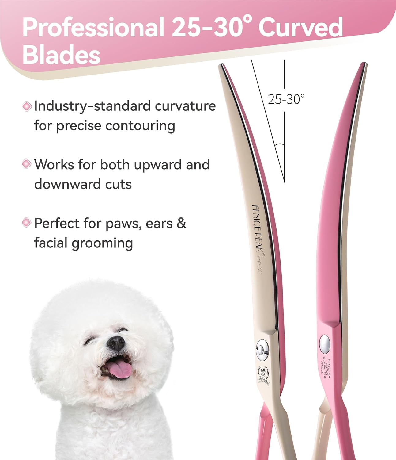 Fenice Peak Curved Dog Grooming Scissors with Coating 440C Stainless Steel, 7 inch Professional Curved Shears Dog Grooming，25 Degree of Curved Blade，Pet Shears for Trimming Face and Paws, Pink & White