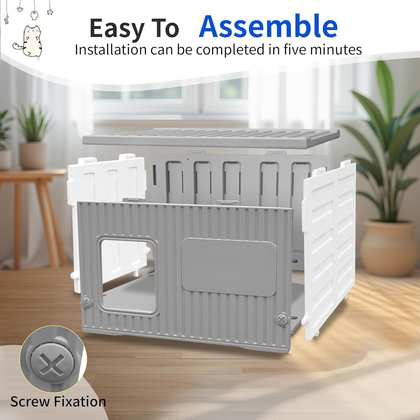 Waterproof Outdoor Cat House with Soft Mat, Plastic Cat Houses for Outdoor Cats Feral Cat House, Sturdy Cat Bed for Small Pet, Spacious, Assemble Easily-Grey