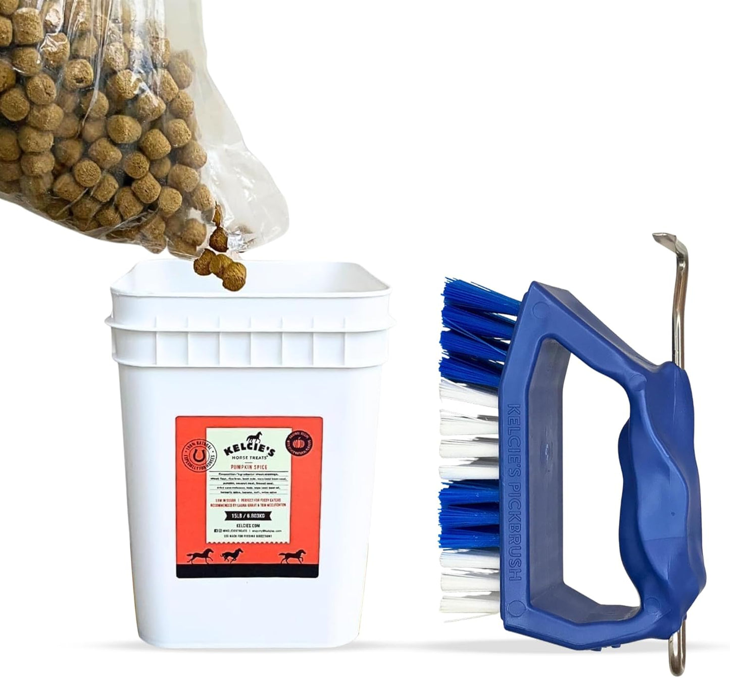 Kelcie’s Horse Care Essentials Bundle - Pumpkin Spice Horse Treats (15 lb) + Hoof Pick Brush Grooming Tool | Healthy Treats & Easy Hoof Cleaning