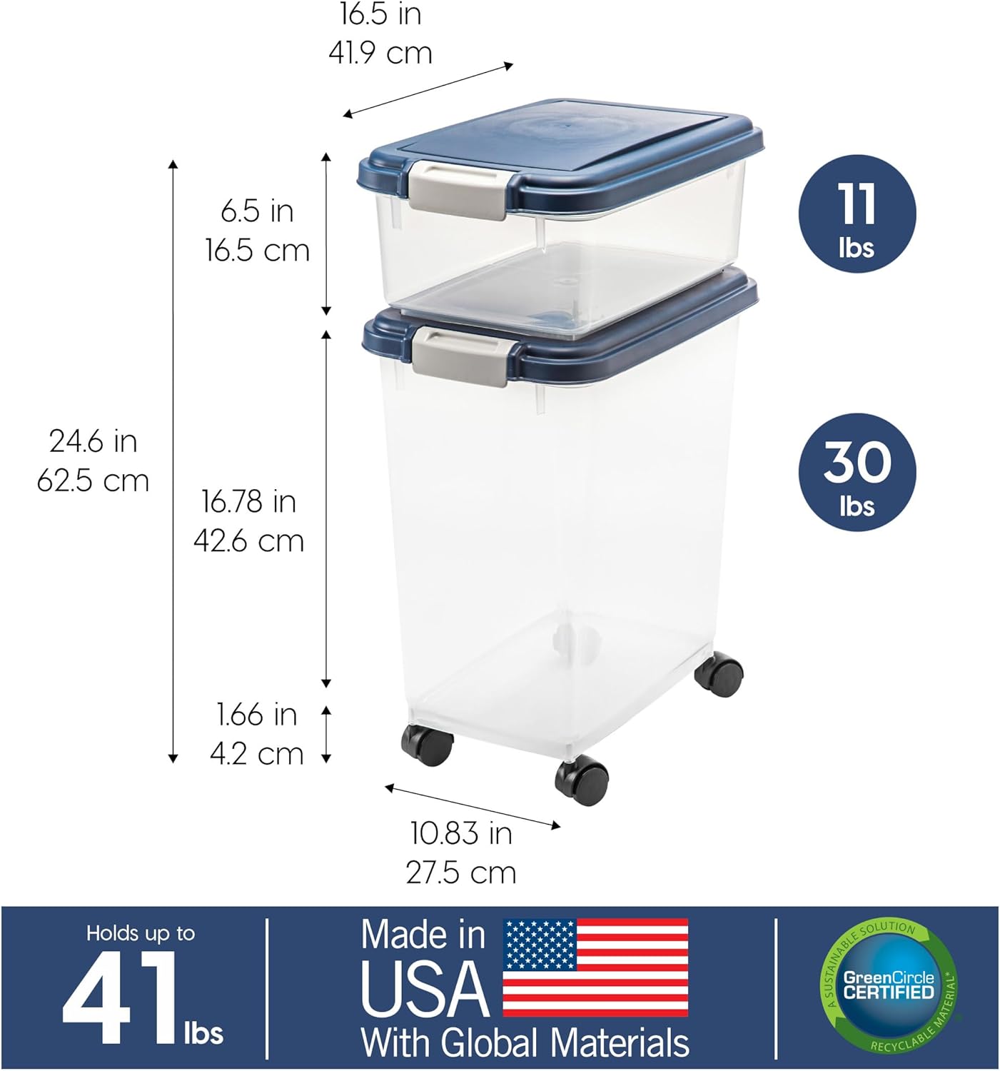 IRIS USA 2-Piece 41 Lbs / 45 Qt WeatherPro Airtight Pet Food Storage Container Combo and Treat Box for Dog Cat and Bird Food, Stackable, Keep Fresh, Translucent Body, Easy Mobility, Navy